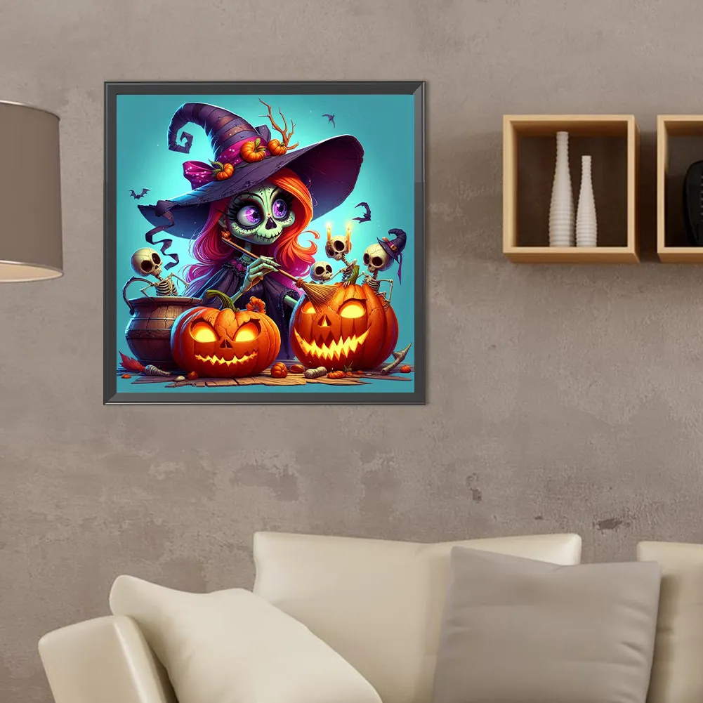 Full Round Diamond Painting 40*40cm - Witch And Pumpkin