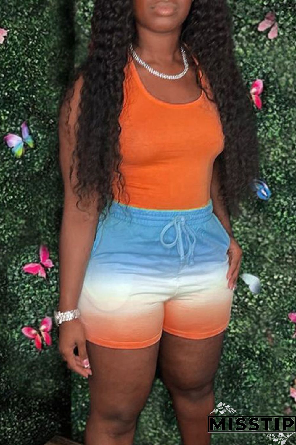 Fluorescent Green Casual Gradual Change Print Patchwork U Neck Sleeveless Two Pieces