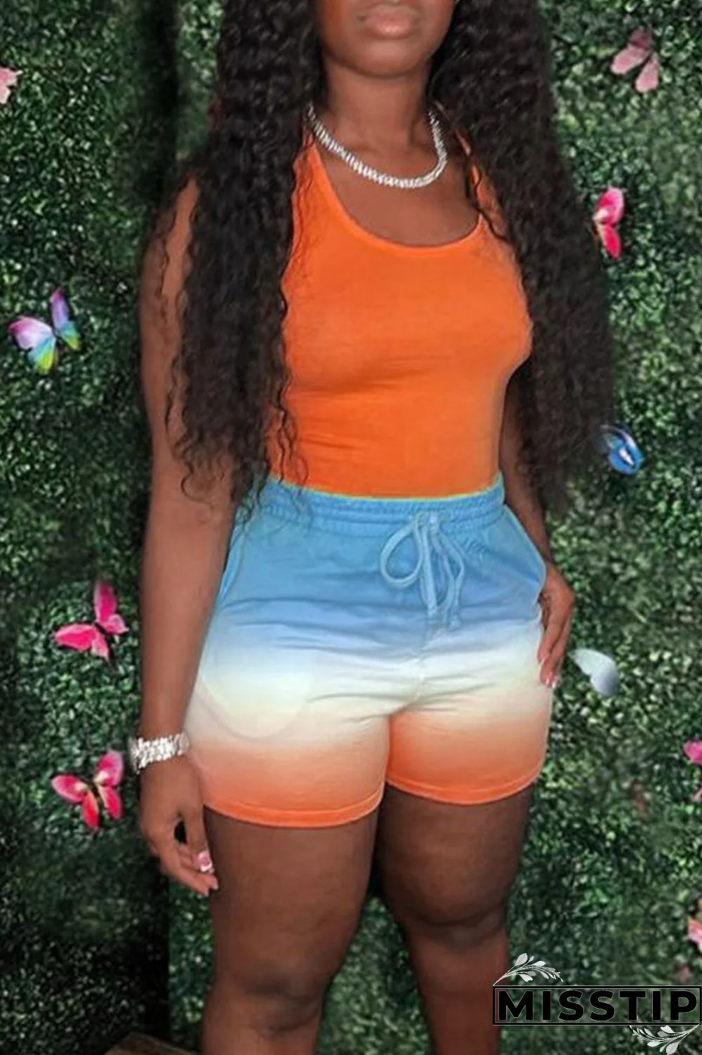 Fluorescent Green Casual Gradual Change Print Patchwork U Neck Sleeveless Two Pieces