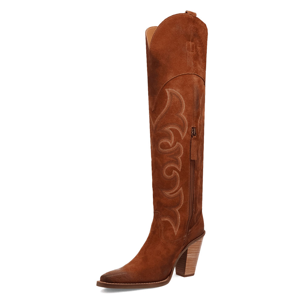 Brown Pointed Toe Chunky Heel Embroidered Zip Knee-High Cowboy Boots Nicepairs