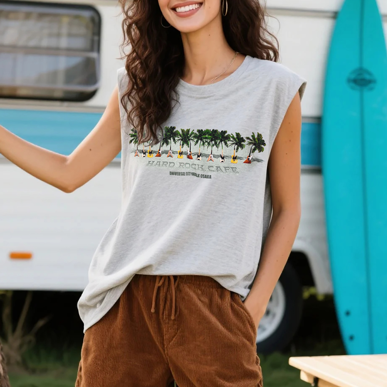 Unisex Outdoor Casual Loose Round Neck Cotton Sleeveless T-shirt With Seaside Coconut Tree Print Top