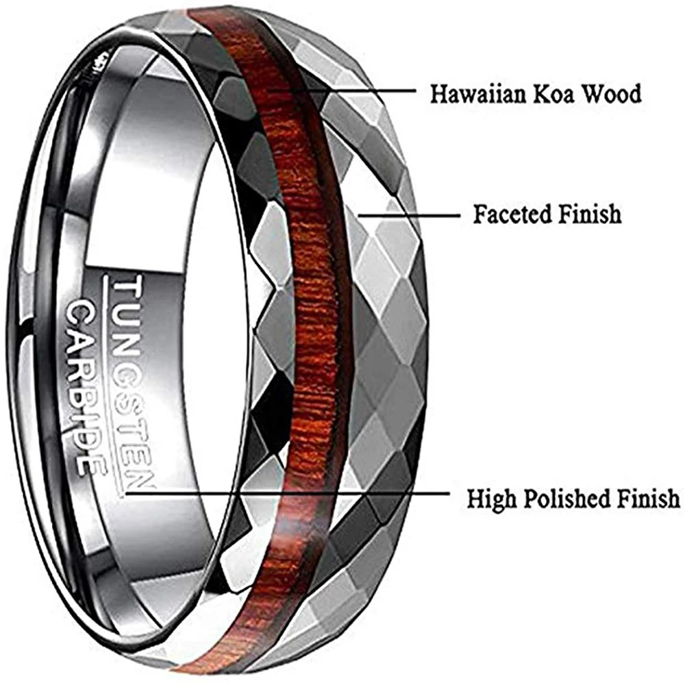 8MM Tungsten Matching Mens Women Domed Wood Inlay Tungsten High Polished Faceted Couple Wedding Rings Comfort Fit