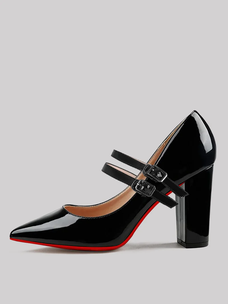 90mm Women's Block Heel Red Sole Comfortable Medium Block Heel Patent Pump Mary Jane Shoes