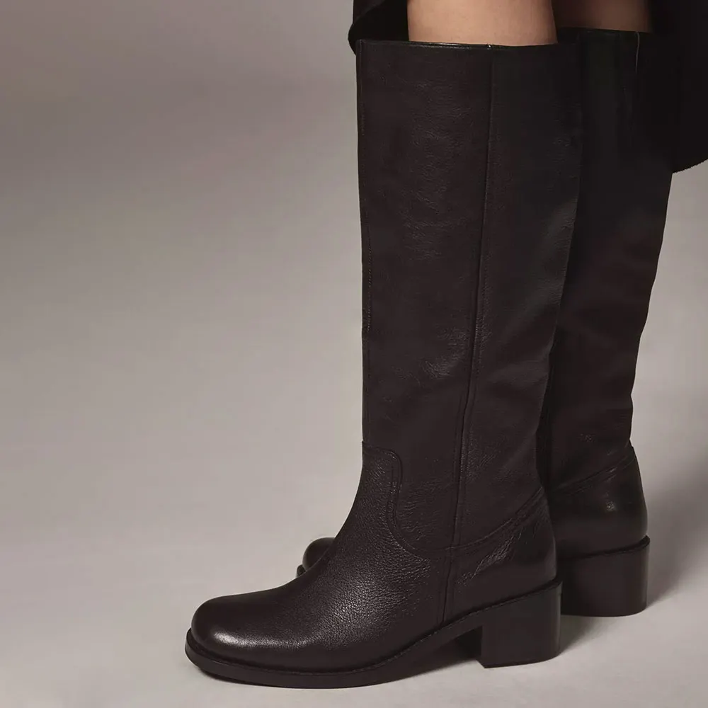 Black Vegan Leather Round Toe Block Heel Long Boots for Women