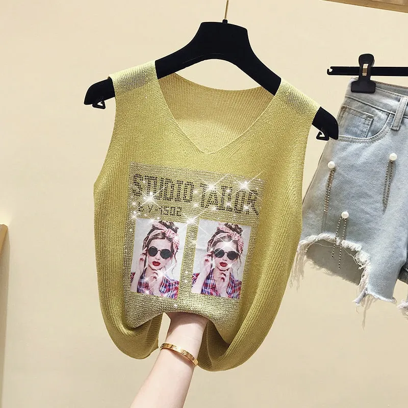 Sexy Tank Top Women Vests Top V-neck Female Sleeveless Casual Thin Pink Green Summer Diamond Knit Vest Tee Shirt Femme 2020