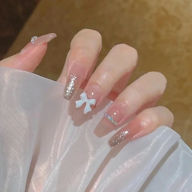 French Ins Style Fake nails with White Bow Design Shiny Coffin Ballerina Girl Artificial Nails False Nail Patch with Glue 24PCS-Nail Inspo