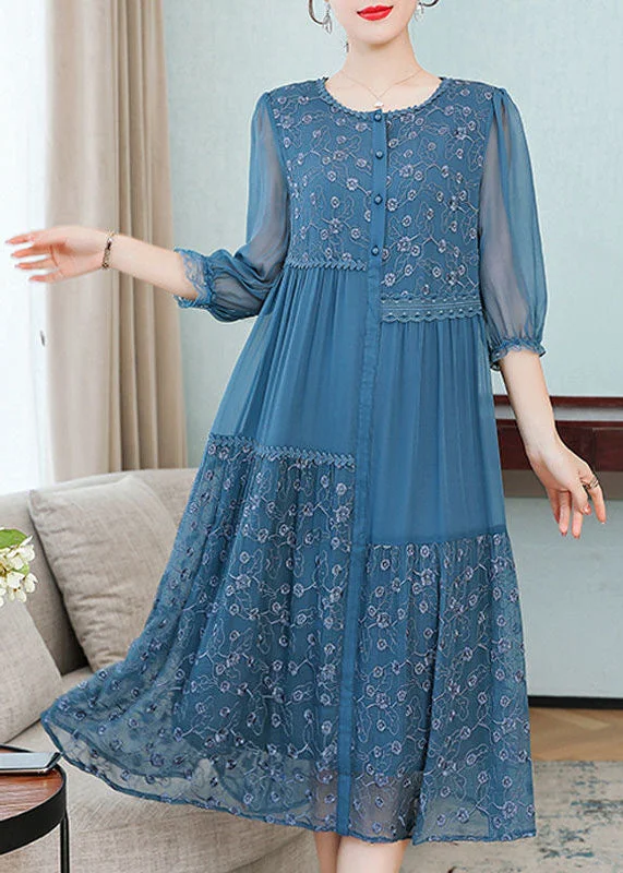 Beautiful Blue Embroideried Patchwork Silk Dresses Spring