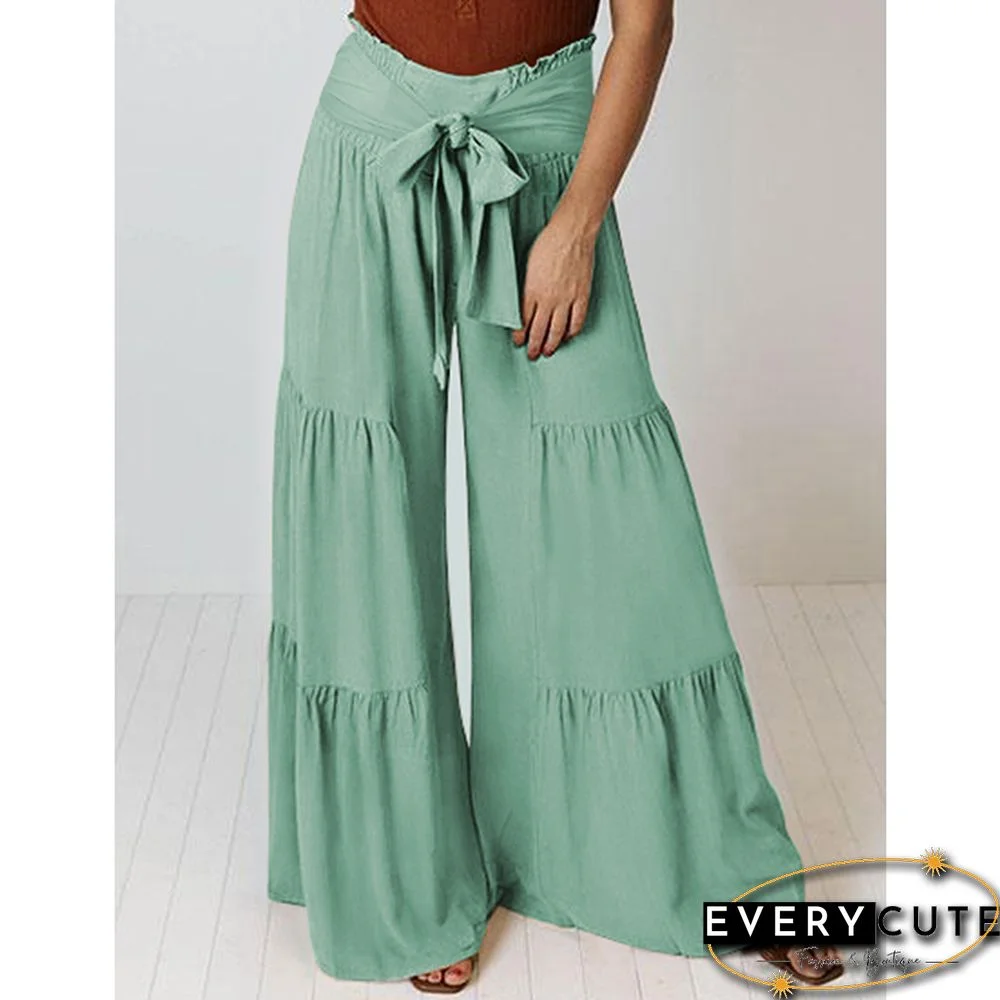 Green Smocked High Waist Palazzo Pants with Tie