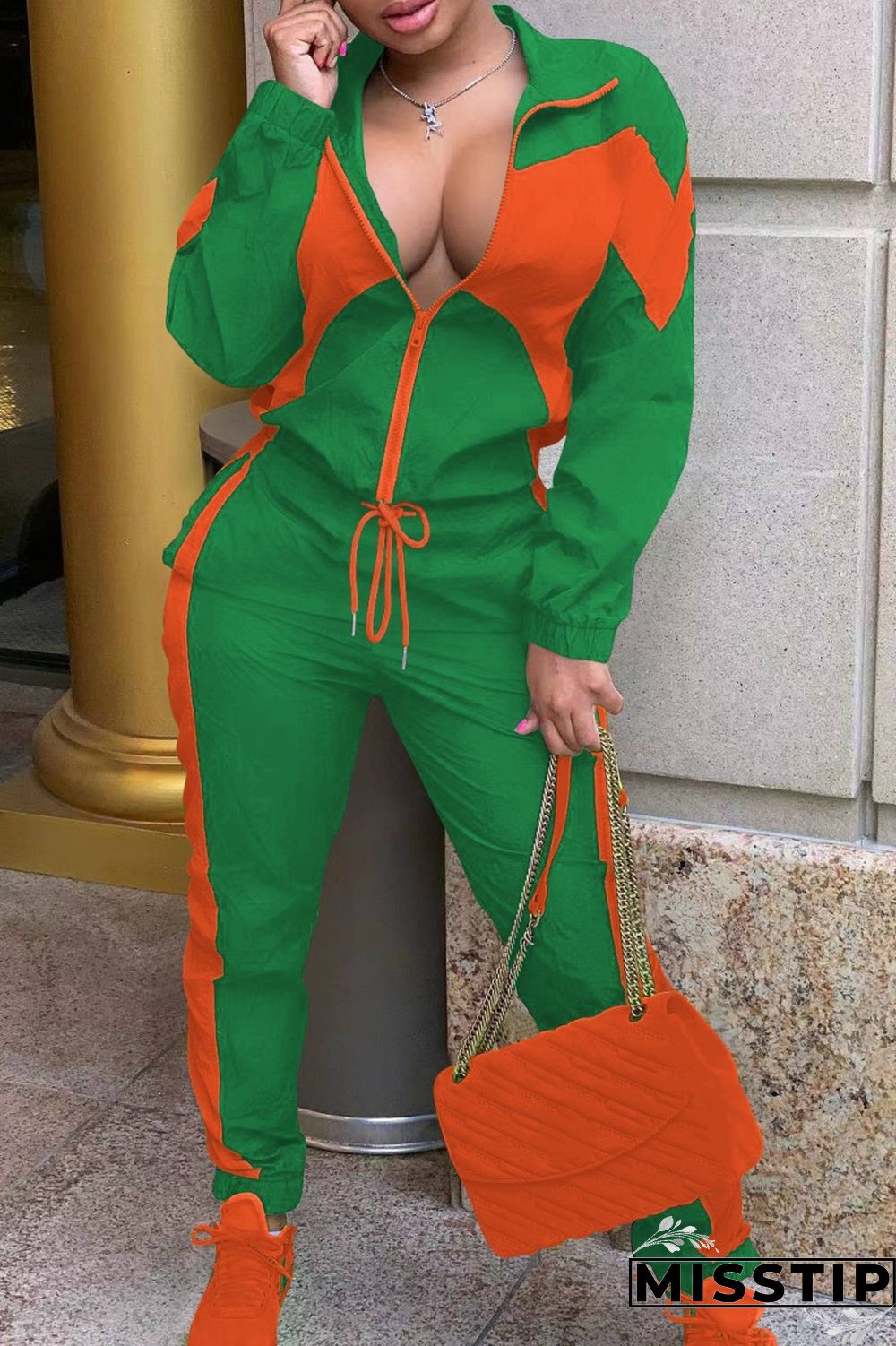 Army Green Casual Solid Patchwork Contrast Zipper Collar Long Sleeve Two Pieces