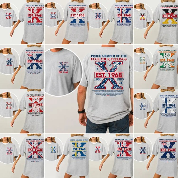 Unisex Gen X Custom EST Year Tees, Sweatshirts & Hoodies | Vintage Country Flag Patterns, Multi-Color Couple Outfits (1965-1980)