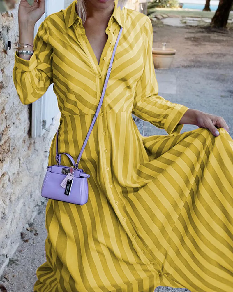 Vertical Striped Shirt Collar Three Quarter Sleeve Maxi Dress