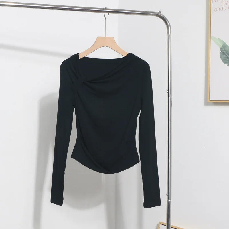 Uveng Side Bow Tie Design Folded Long-Sleeved T-Shirt Slim Thin Autumn Dress T-Shirt Short Top 1662