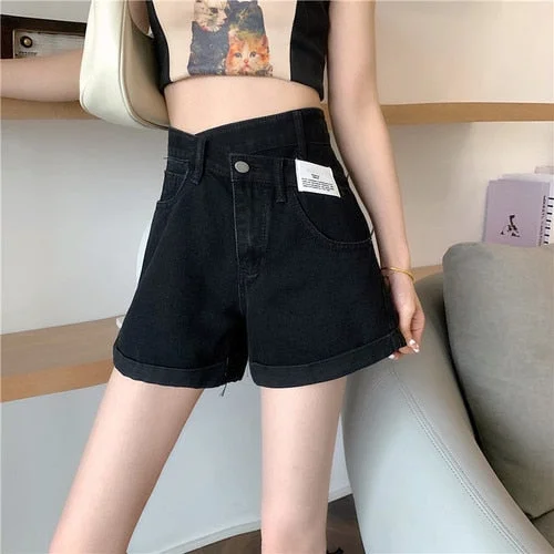 Solid Shorts Denim Women Summer Asymmetrical Crimping Distressed Ulzzang High Waist Zipper Pocket A-line All-match Casual Trendy