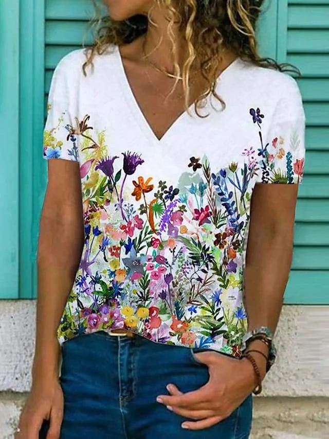 Women's Floral Theme T-Shirt Floral Flower Print V Neck Tops Basic Top White Black Blue