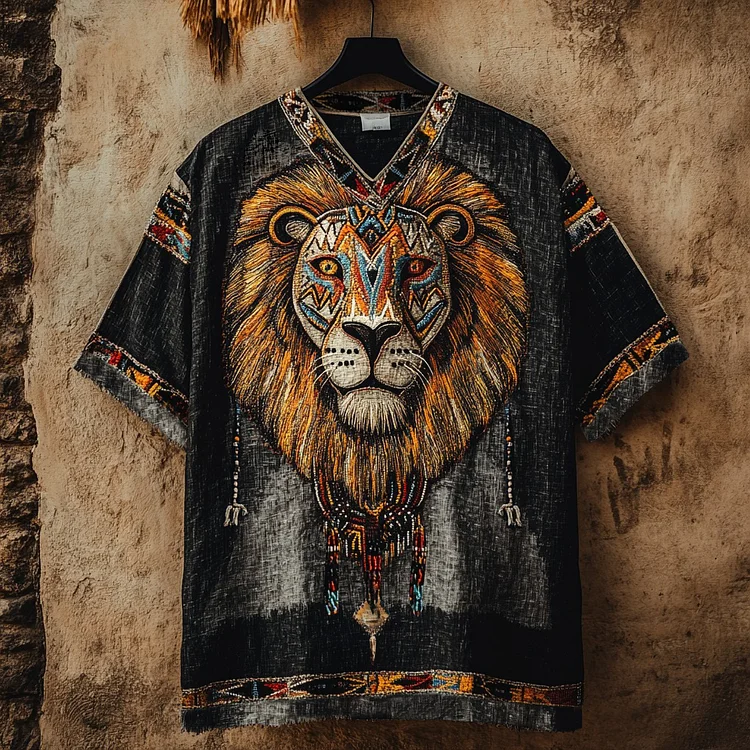 Men's African Lion Mask Art Cotton And Linen V-neck T-shirt