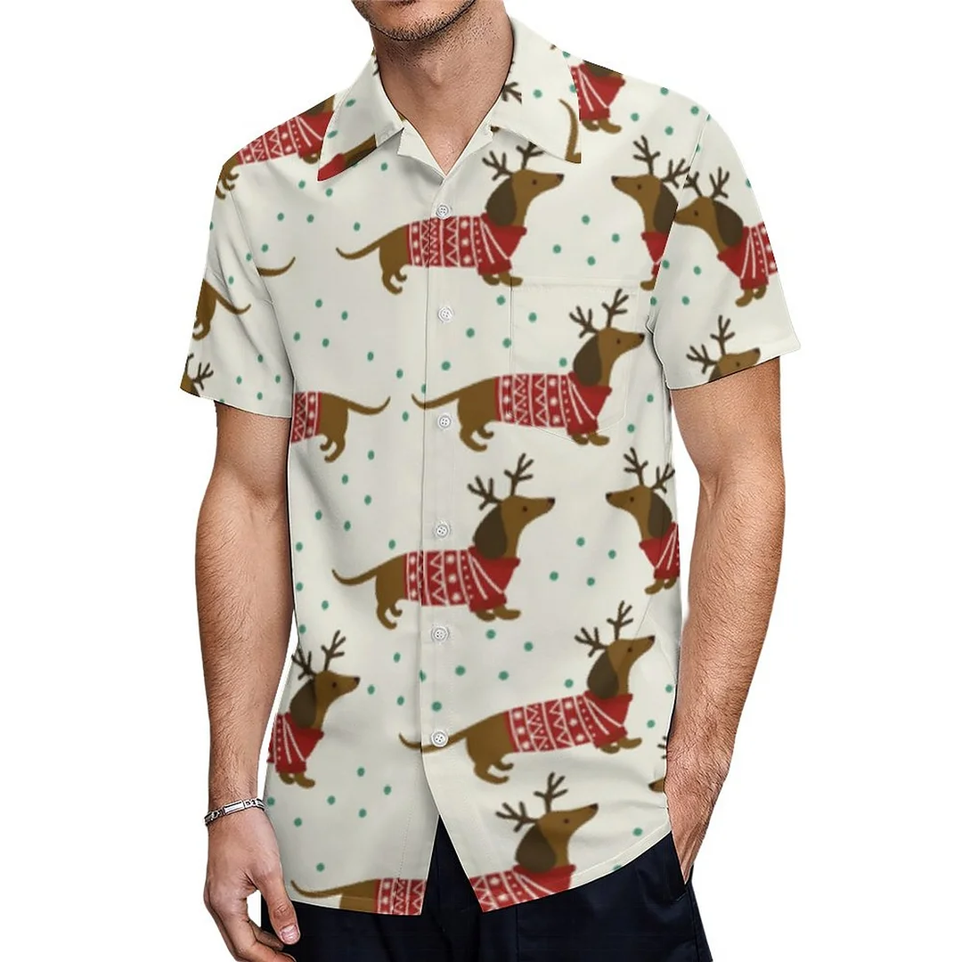 Dachshund Paws Coffee Snowflakes Christmas Hawaiian Shirt Mens Button Down Plus Size Tropical Hawaii Beach Shirts