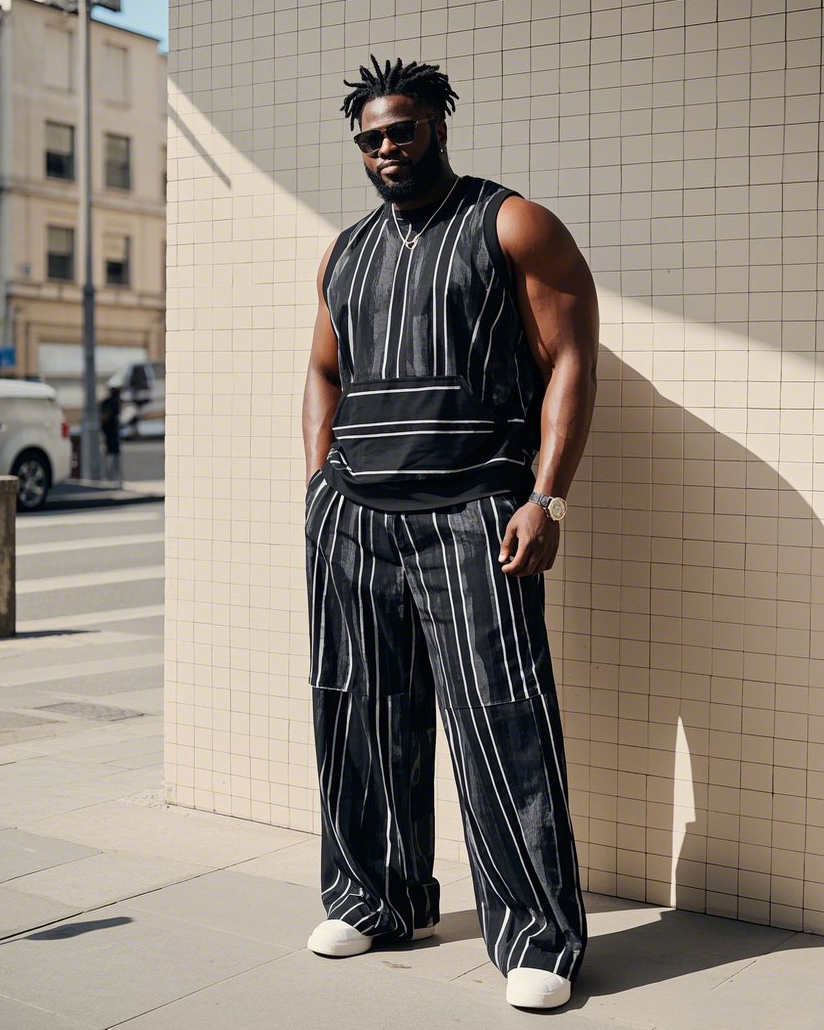 Men's Plus Size Street Fashion Striped Patchwork Printed Vest Trousers Suit
