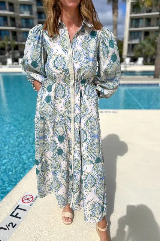 Vintage pattern puff sleeve long shirt dress