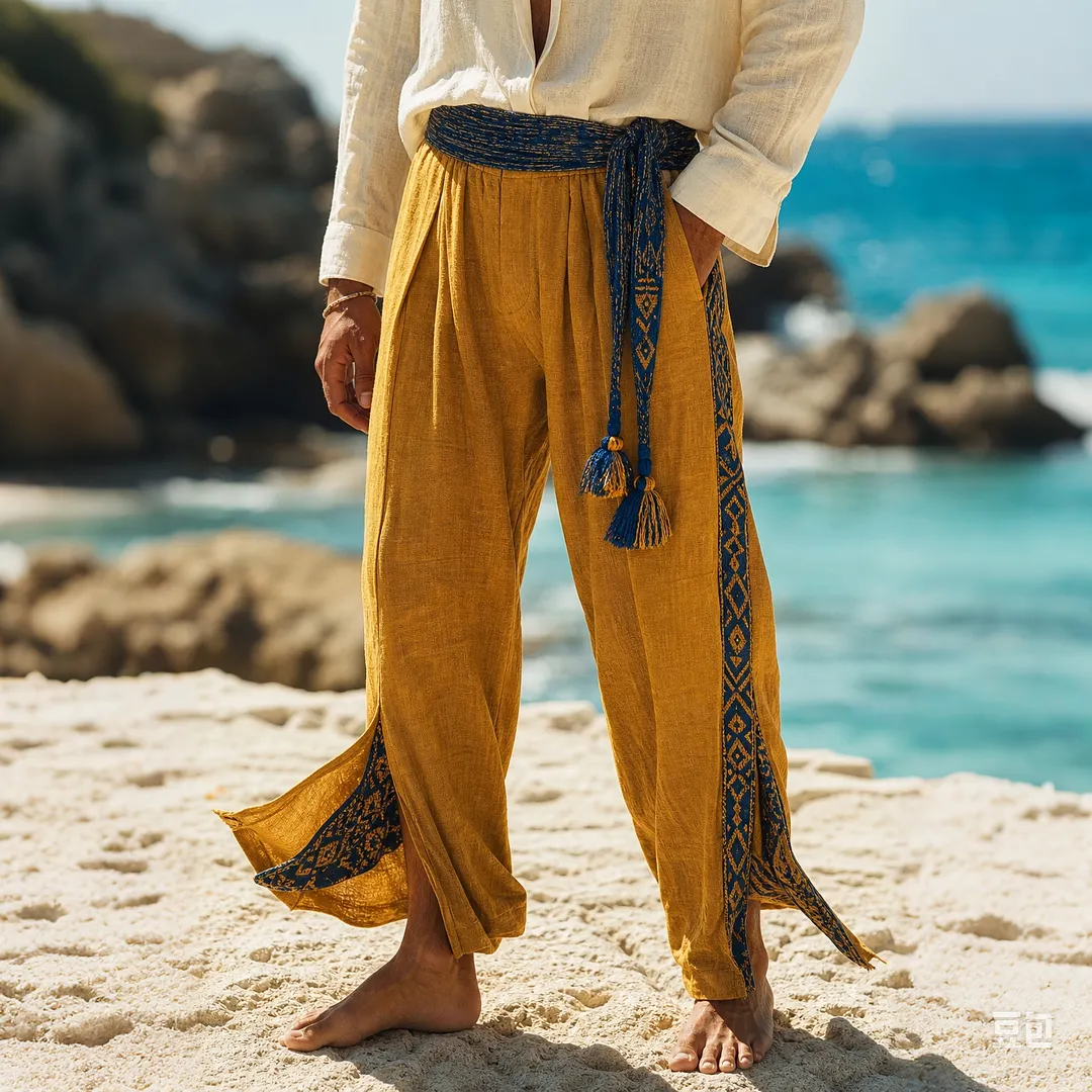 Boho Style Wide-Leg Harem Pants In Natural Linen-Cotton Blend, Flowy Summer Trousers With Embroidered Side Stripes And Tassel Belt-INSPIREUSE
