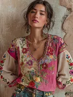 Women's Bohemian Floral Embroidery Art V-neck Contrast Color Long Sleeve Linen Blend T-shirt