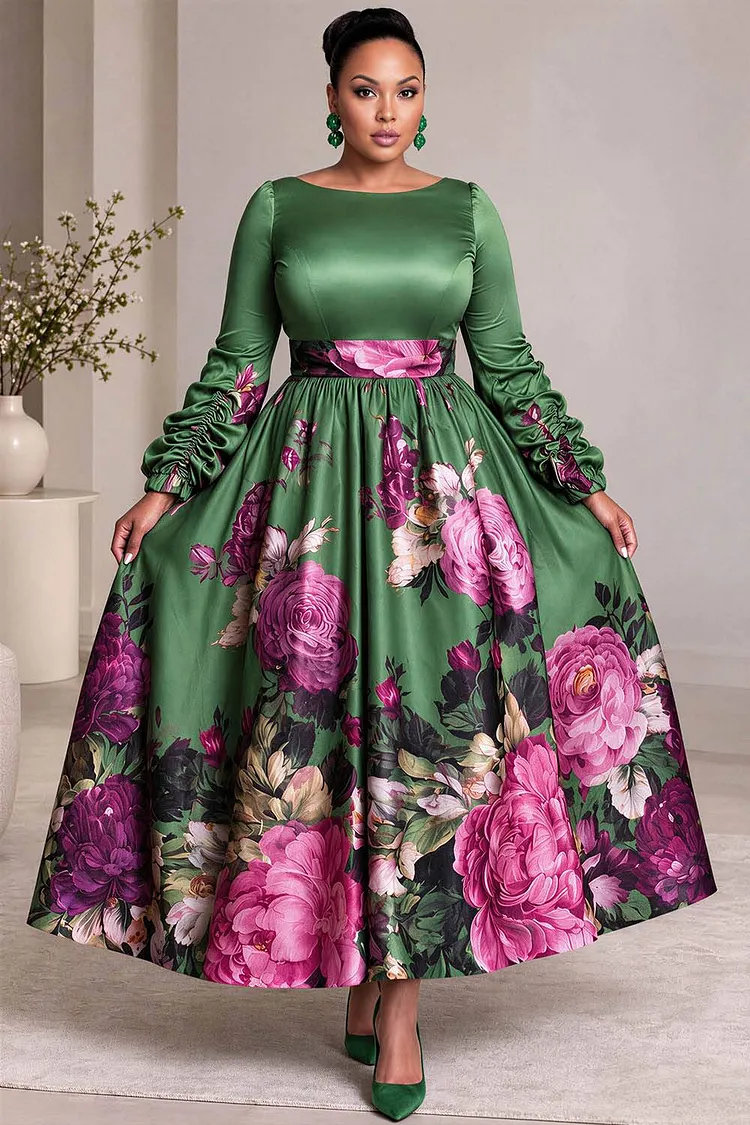 Xpluswear Design Plus Size Formal Green Floral Round Neck Long Sleeve Pocket Fold Satin Maxi Dresses [Pre-Order] 2024 - Xpluswear