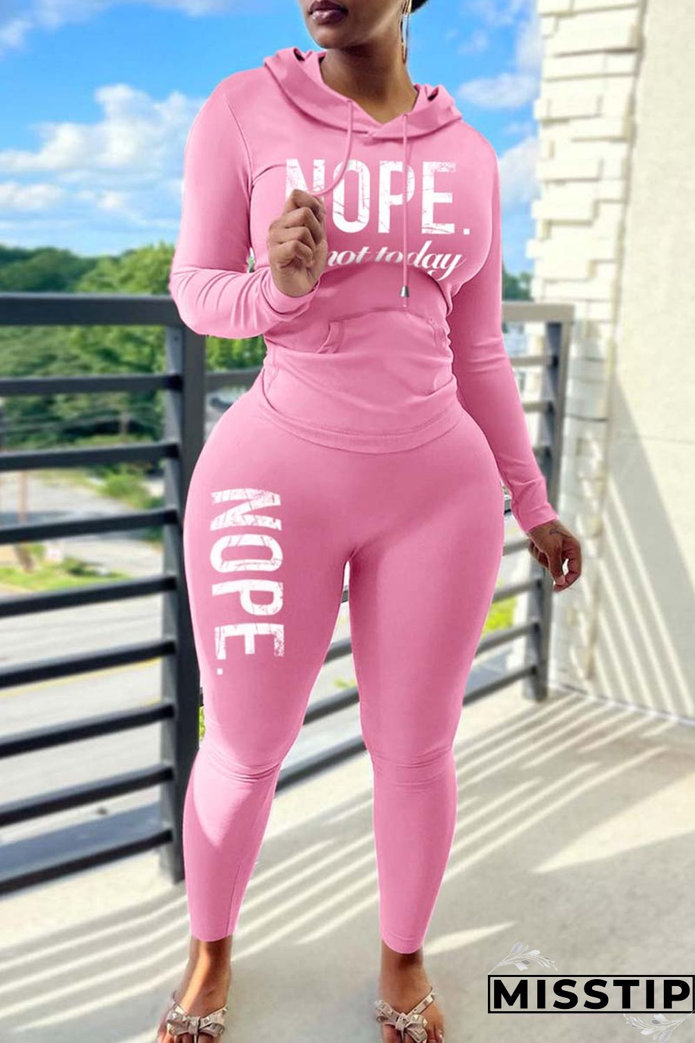 Pink Casual Letter Print Basic Hooded Collar Long Sleeve Two Pieces