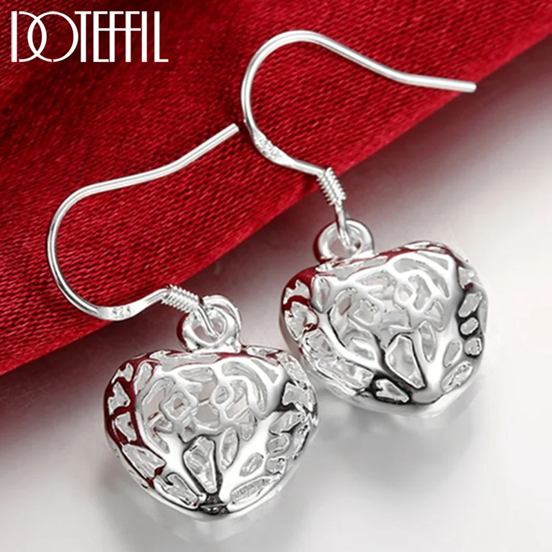 DOTEFFIL 925 Sterling Silver Hollow Heart Ball Drop Earrings For Woman Jewelry
