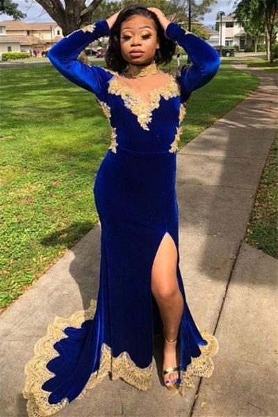 Modern Royal Blue Long Sleeves Prom Dress Mermaid Slit With Gold Appliques