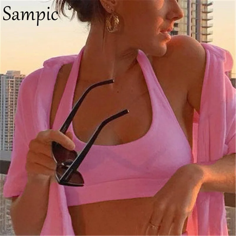 Sampic Fashion Sexy Women Halter Sleeveless Off Shoulder Skinny Crop Top Summer 2021 Mini Vest Basic Tees Casual Beach Tank Tops