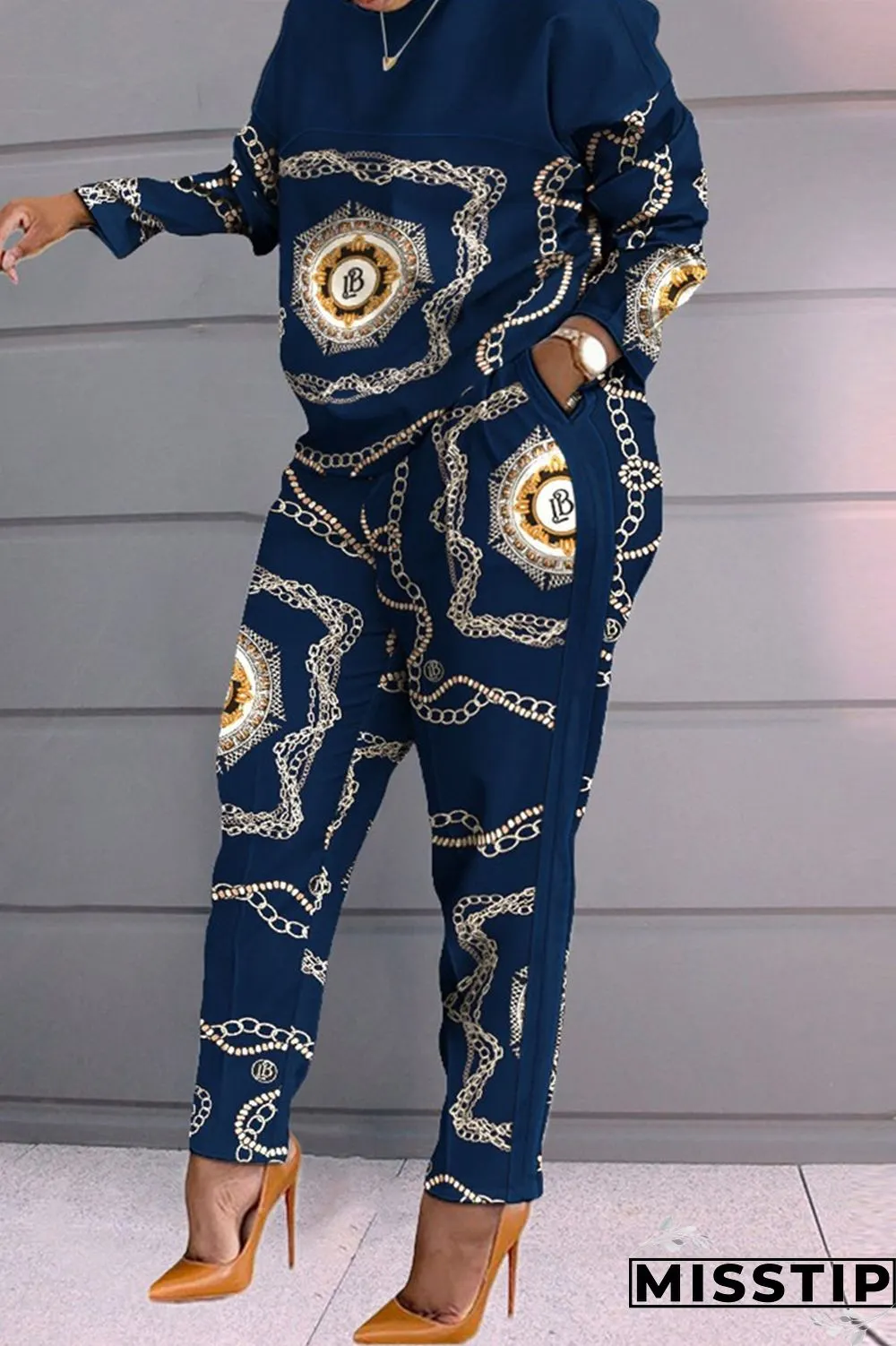 Burgundy Fashion Casual Print Patchwork O Neck Long Sleeve Two Pieces