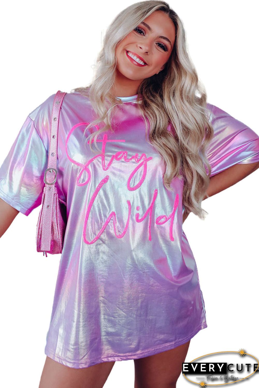 Purple Shiny Iridescent Stay Wild Graphic Oversized Tee