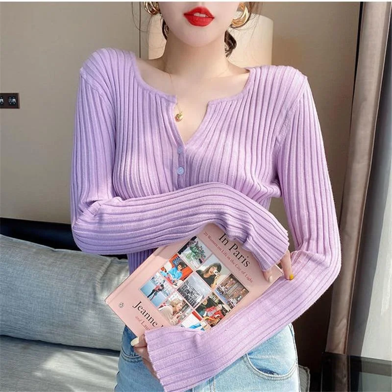 buttons knitted sweater cardigan Korean women Slim ribbed autumn winter sweaters female Knitwear Outwear 2023