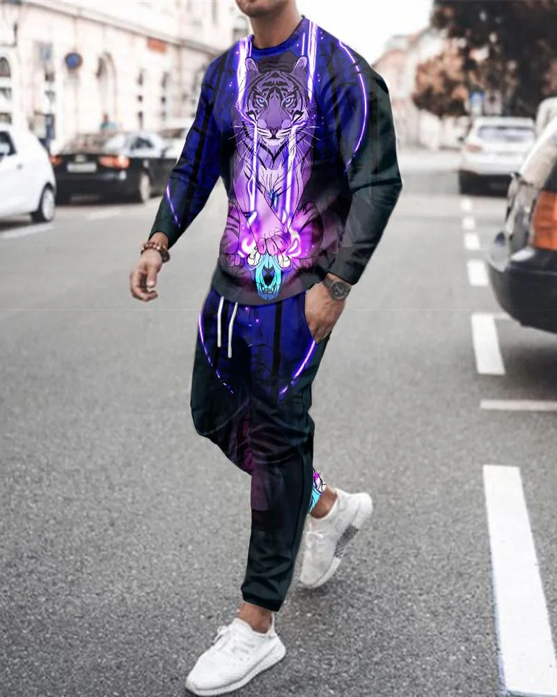 Men's Fashion Blue&Purple Tiger Printing Long-sleeved Suit