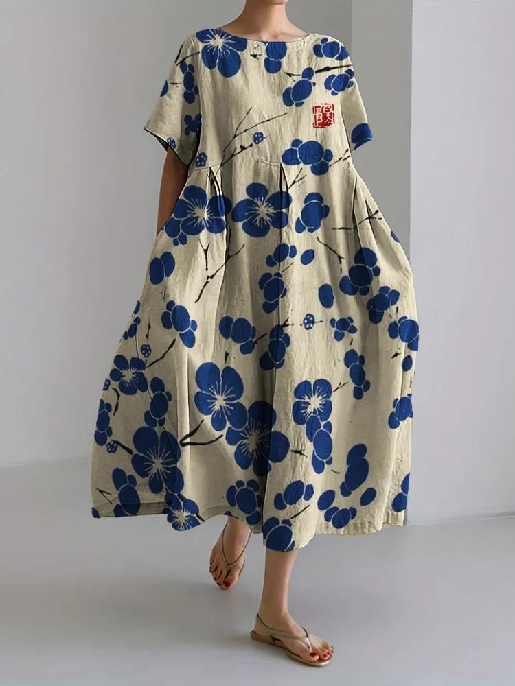 Wearshes Cherry Blossom Japanese Lino Art Linen Blend Maxi Dress