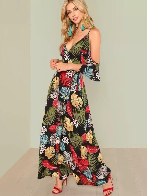 Bohemia V-Neck Off-the-shoulder Printed Maxi Dress