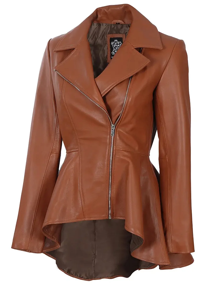 Clarissa Womens Cognac Wax Peplum Leather Jacket QueenFunky