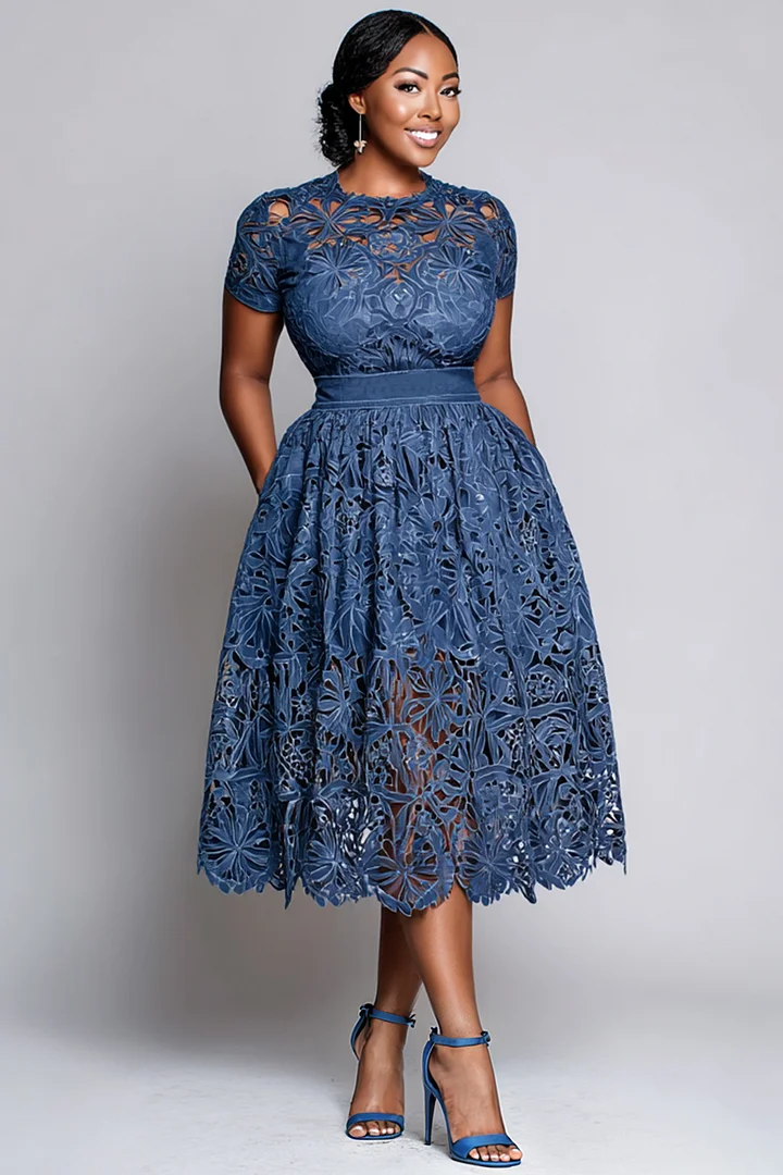 Xpluswear Design Plus Size Cocktail Party Blue Round Neck Short Sleeve Pocket Cut Out Guipure Lace Midi Dresses 2024 - Xpluswear