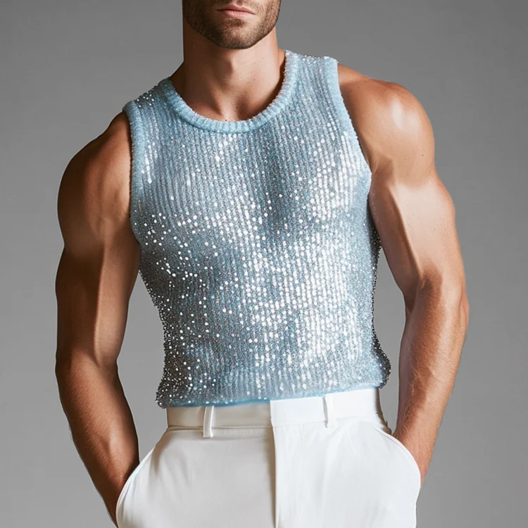 Okaywear Knitted Sequin Crew Neck Sleeveless Tank Top 