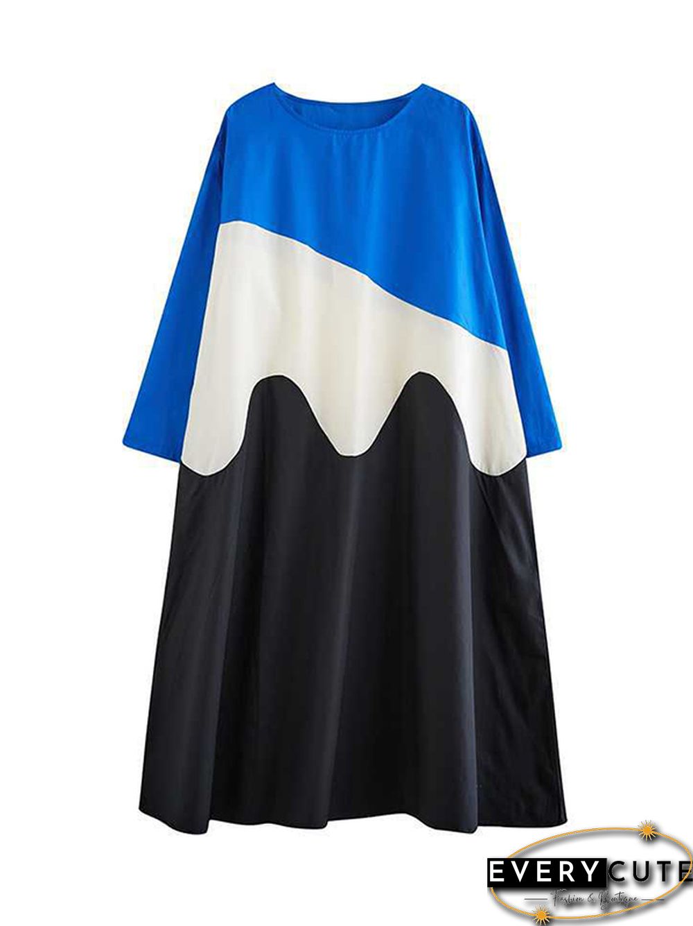 A-Line Long Sleeves Contrast Color Round-Neck Midi Dresses