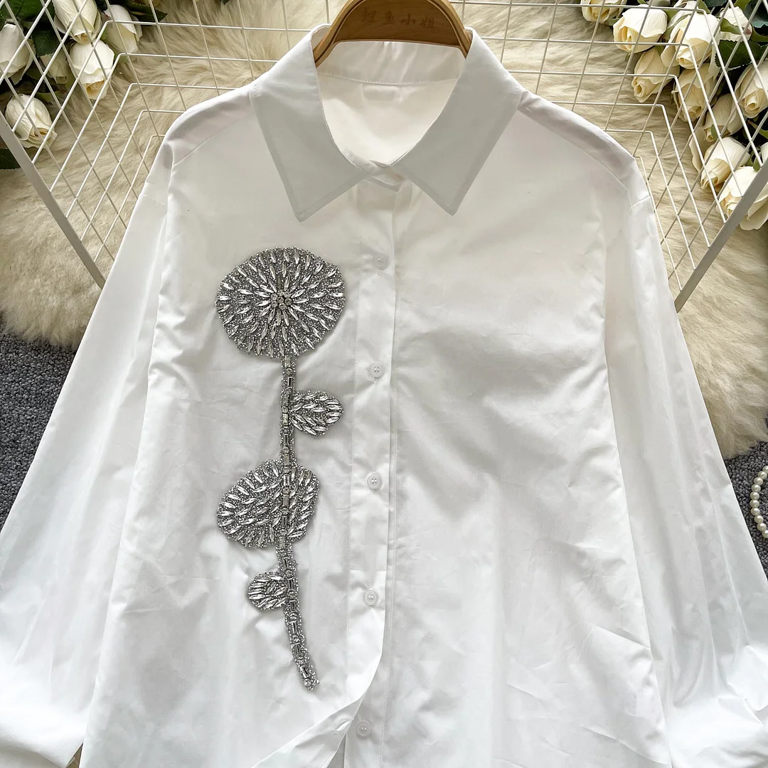 Nigikala Nigikala Day Shirt Women 2025 New French Heavy Industry Diamond Three-Dimensional Flowers Loose Thin Single-Drilled Chic Shirt