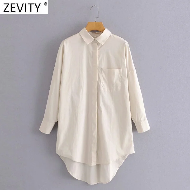 Zevity New Women Simply Pocket Patch Casual Long Blouse Ladies Long Sleeve Business Shirt Chic Femme Breasted Blusas Tops LS7346