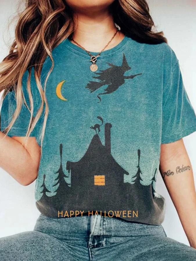 Women's Halloween Witch Print Distressed Washed Casual T-Shirt