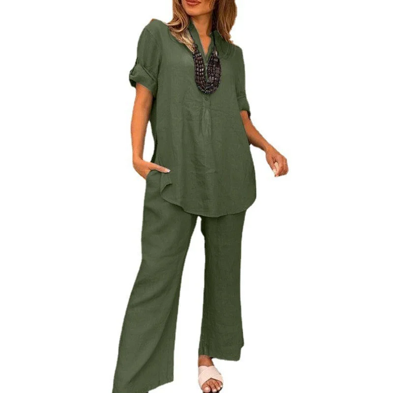 Short sleeve V-neck top and straight wide leg pants casual elegant loose clothes