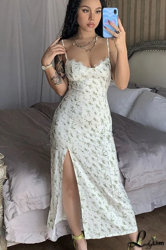 Sexy Eyelash Sweetheart Spaghetti Strap High Split Summer Floral Midi Sundress - Green