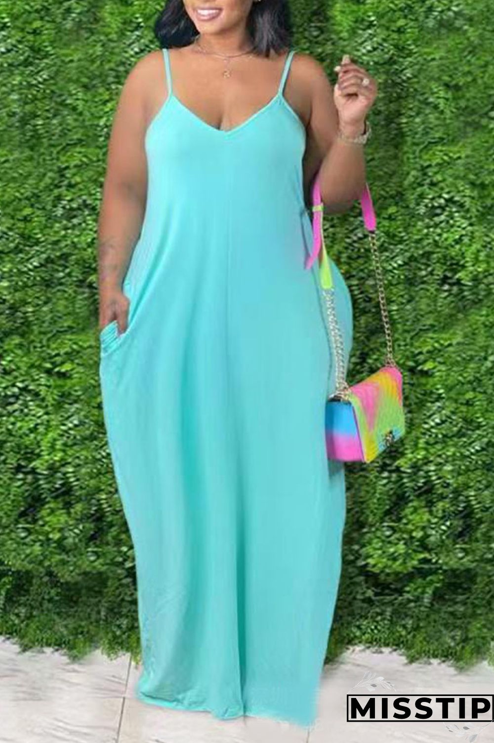 Cyan Sexy Solid Patchwork Spaghetti Strap Straight Plus Size Dresses