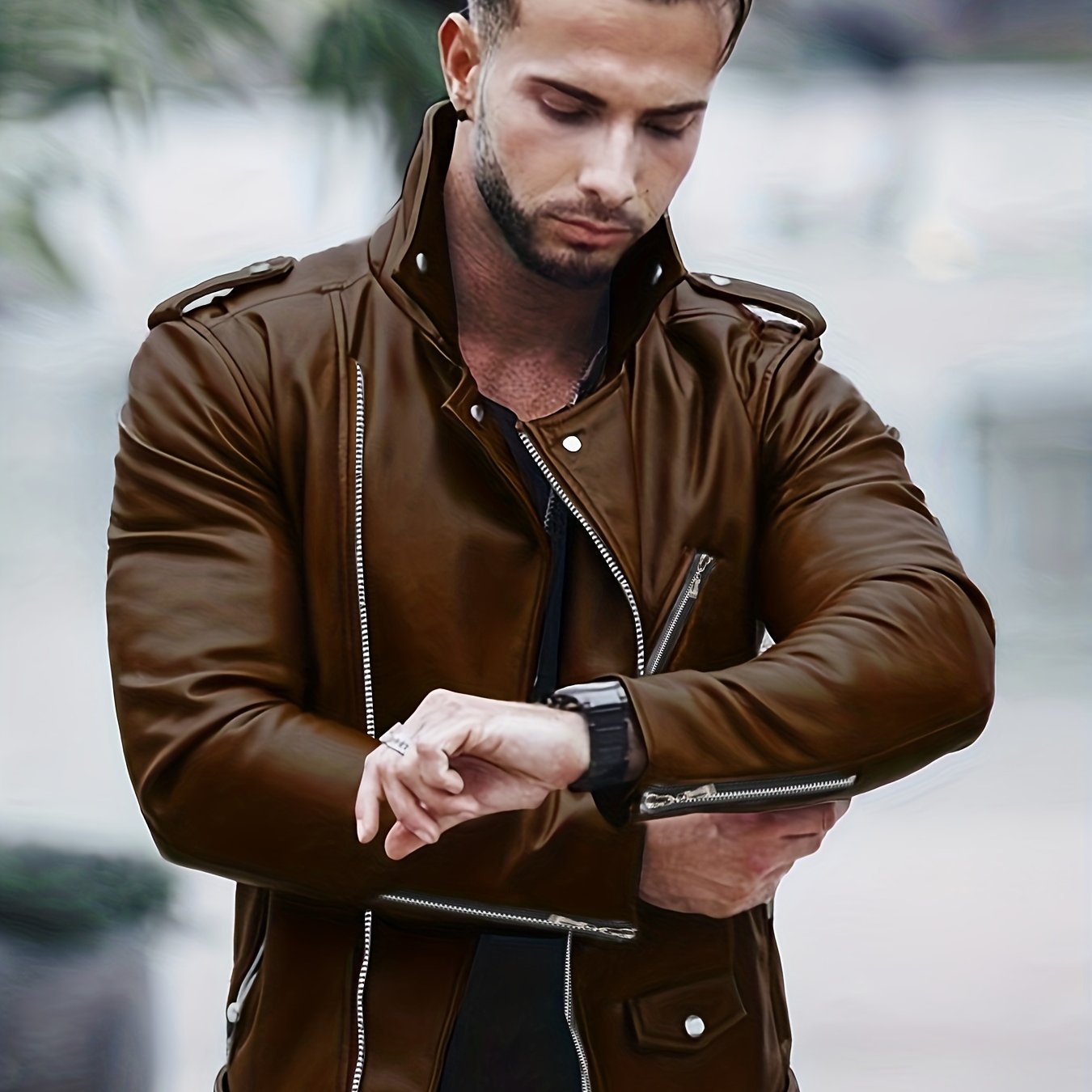 Stylish Slant Placket Biker Jacket, Men's Casual Solid Color Belt Zip Up Turndown Collar Faux Leather Jacket For Spring Fall