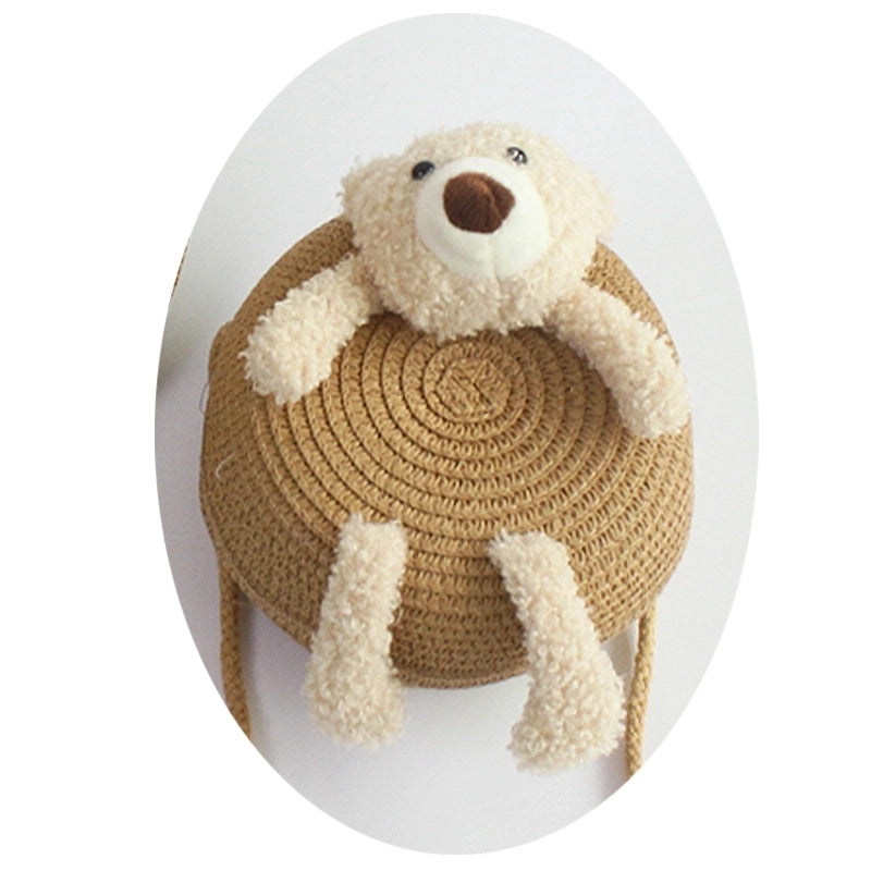 Girl’s Small Straw Flower Bow Knot Cute Round Zipper Crossbody Bag