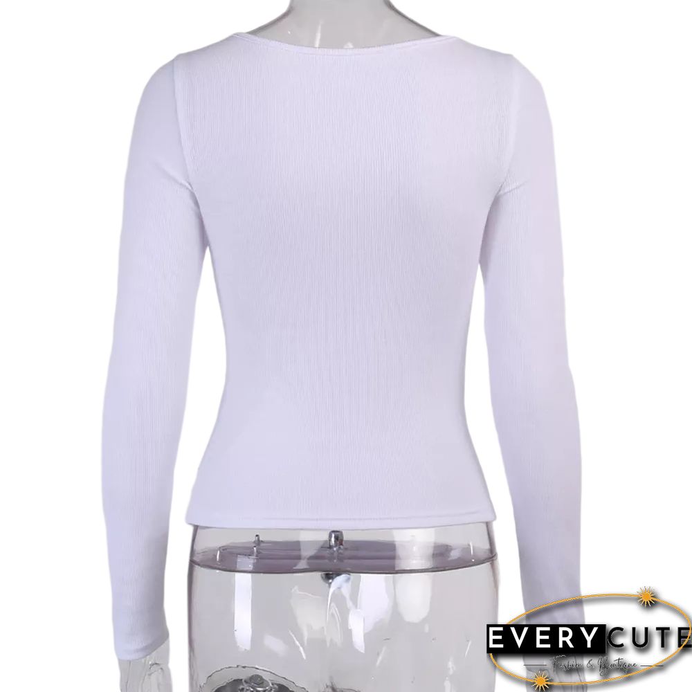 White Front Hollow Out Rib Long Sleeve Tops