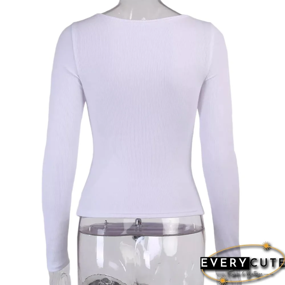 White Front Hollow Out Rib Long Sleeve Tops