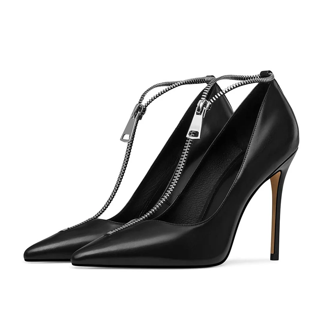 Black Pointed Toe Stiletto Heel Zipper T-Strap Pumps for Women